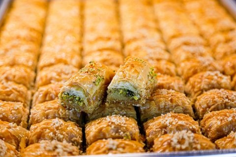 Eating baclava on a villa holiday in Turkey